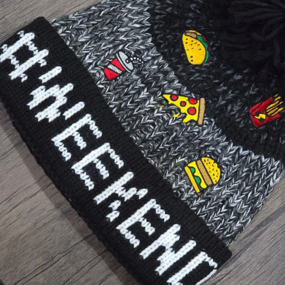 Childrens Place Kids Black Weekend Knit Beanie Hat Food Patches NWT Ages 4-7